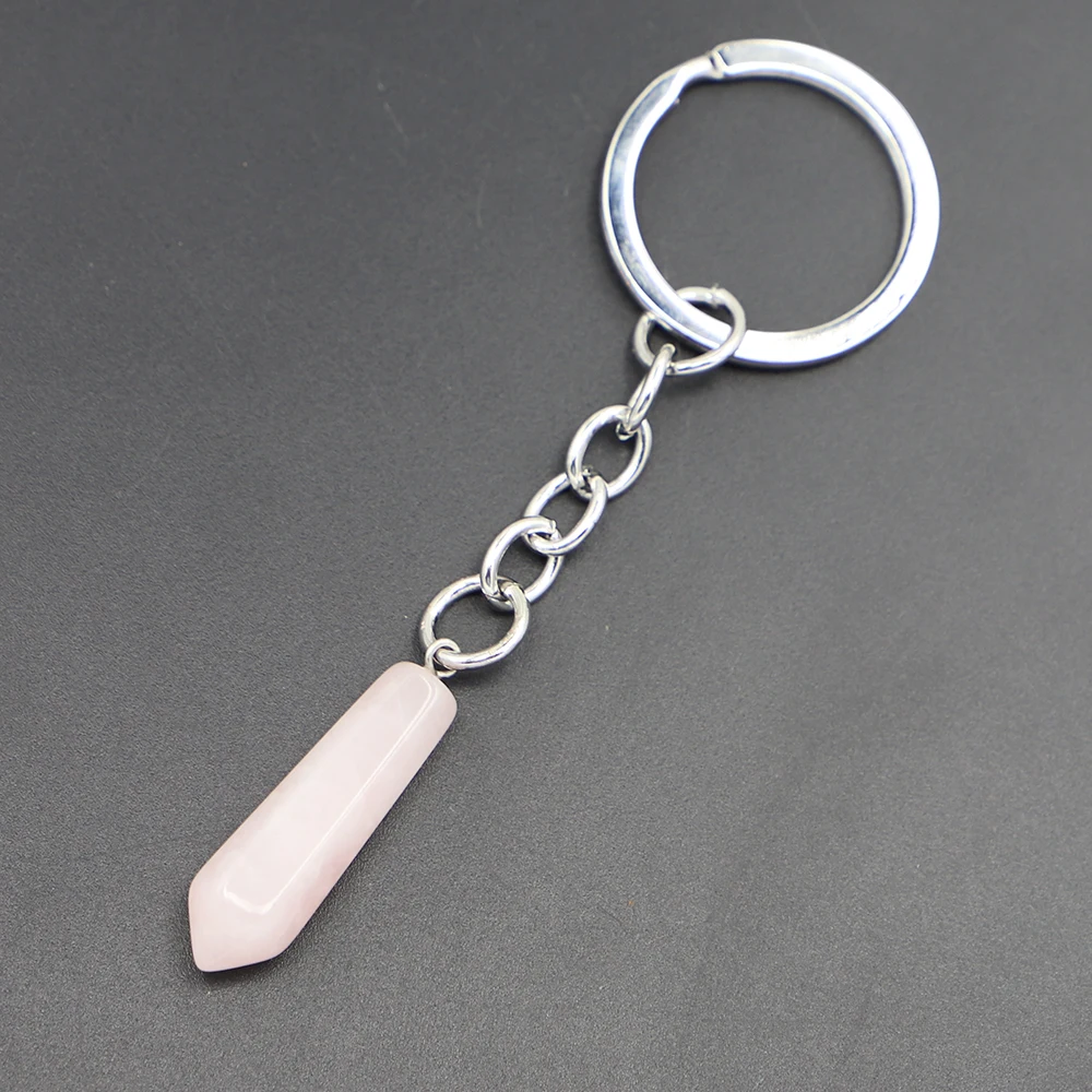 Natural Stone Hexagonal Column Keychain Stripe Agates Pendants Key Rings on Bag Car Jewelry Party Friends Gift