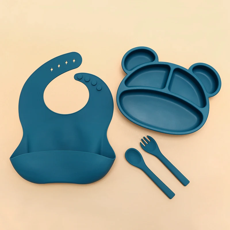 animal silicone baby feeding set bear divided suction plate and spoon gift set baby weaning feeding baby silicone set feeding
