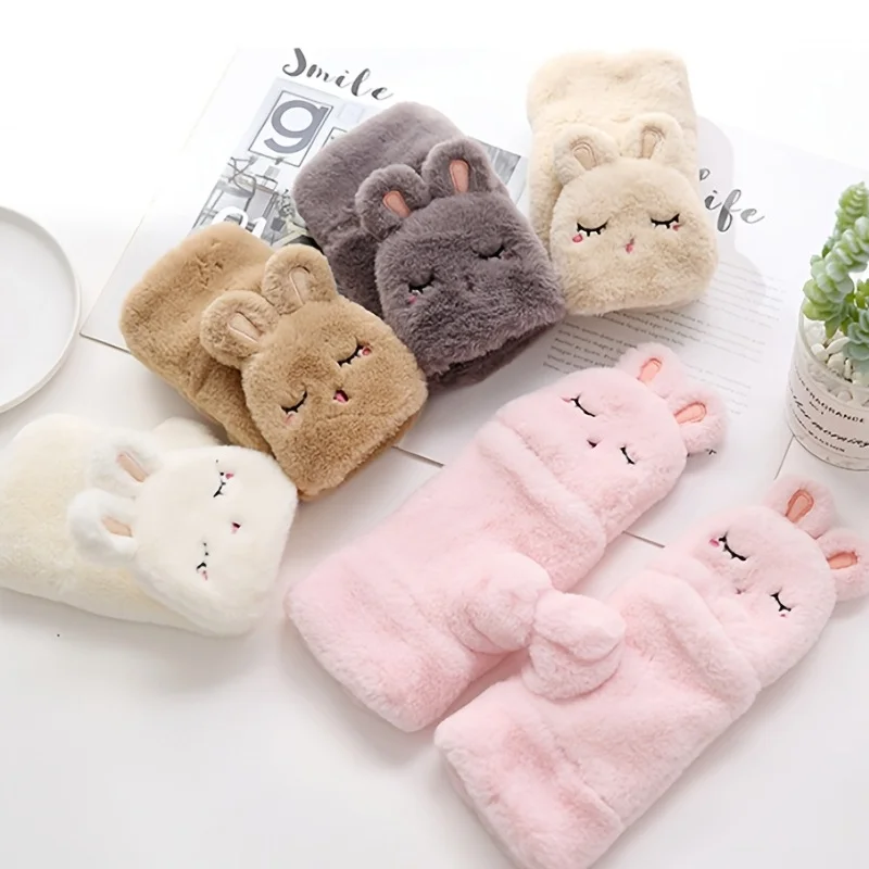 Women Cute Plush Thicken Mittens Warm Soft Plush Gloves Lovely Half Finger Fingerless Gloves