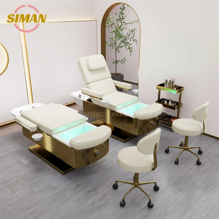 Siman Lay Down Washing Salon Shampoo Bed Backrest and Legs Electric Lifting with Colorful Lights and Surf Pump Foot Therapy