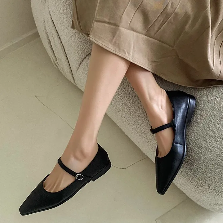 Xinzirain Private Label Female Flat Ballet Shoes Fashion Pointy Toe Black Full Leather Women Mary Jane Shoes For Ladies