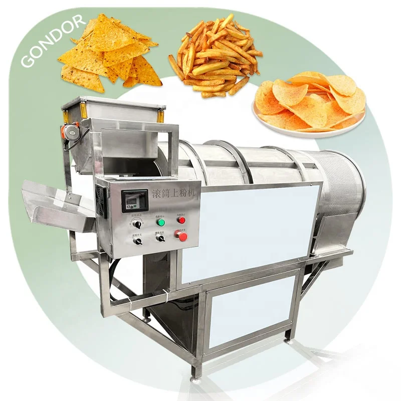 Commercial Powder Potato Chips Nuts Small Dry Continuous Drum Fry Puffed Snack Seasoning Machine