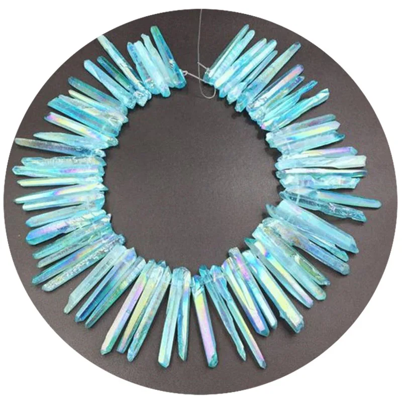 Aura Rainbow Blue Quartz Points Crystal Long Point Beads Top Drilled Raw Quartz Rough Crystal Stick Beads 5-8*45-65mm