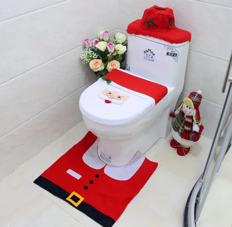 Wholesale Christmas decorations Santa Claus snowman toilet cover 3-piece set Santa Claus toilet cover decorations