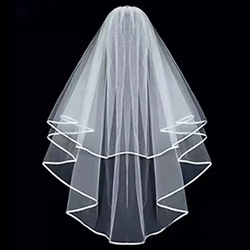 Women Short  Shoulder Length Veil Two-Layer Bridal Veils Ribbon Edge Adult for Women White Pure Lady Party Marriage Wedding Veil