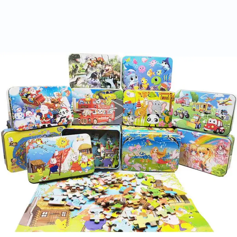 Metal Box 100 Piece Colorful Wooden Animals Puzzles for Toddler Children Learning Educational Puzzles Toys-Dino/Bus/Map