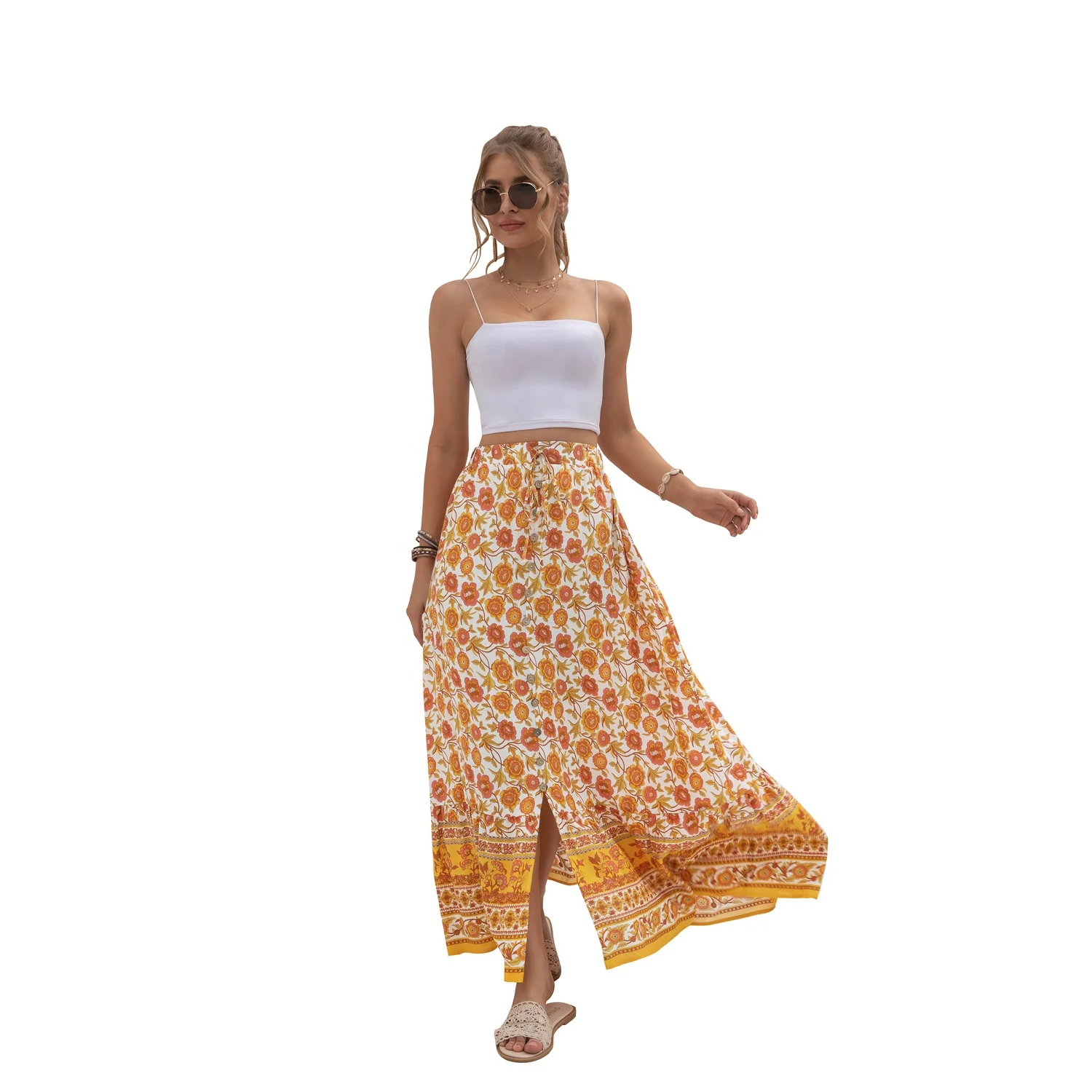 Женская легкая юбка с высокой талией, повседневная юбка с принтом и разрезом, лето 2021