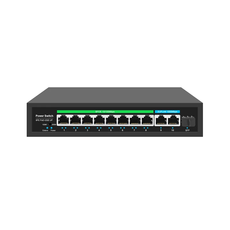 120W Built-in Power PoE Switch 8 RJ45 Ports 10/100M +2*Gigabit Uplink +1*1.25G SFP Port For 2024 AHD CVI IP Camera