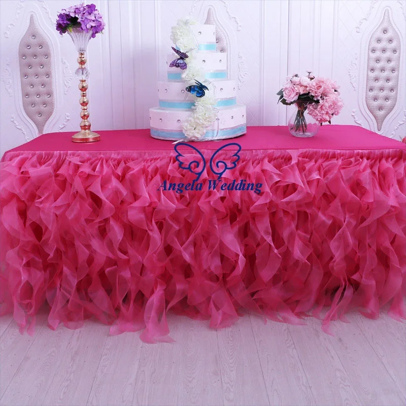 CL010R  manufacture wholesale price 6ft rectangle ruffled curly willow frilly fancy hot pink table cloths with top for wedding
