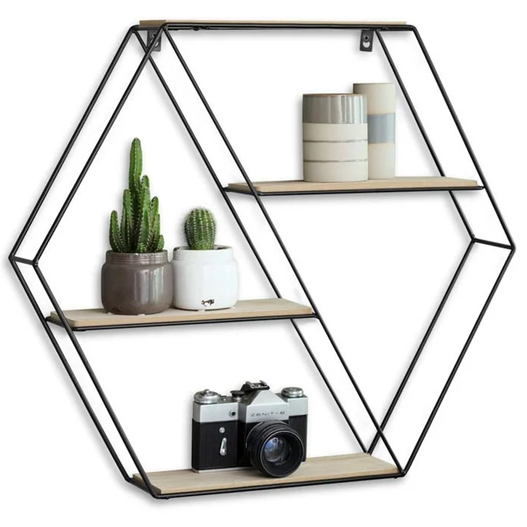 Wholesale High Quality Hexagon Metal And Wooden Wall Mount Hanging Shelf For Living Room