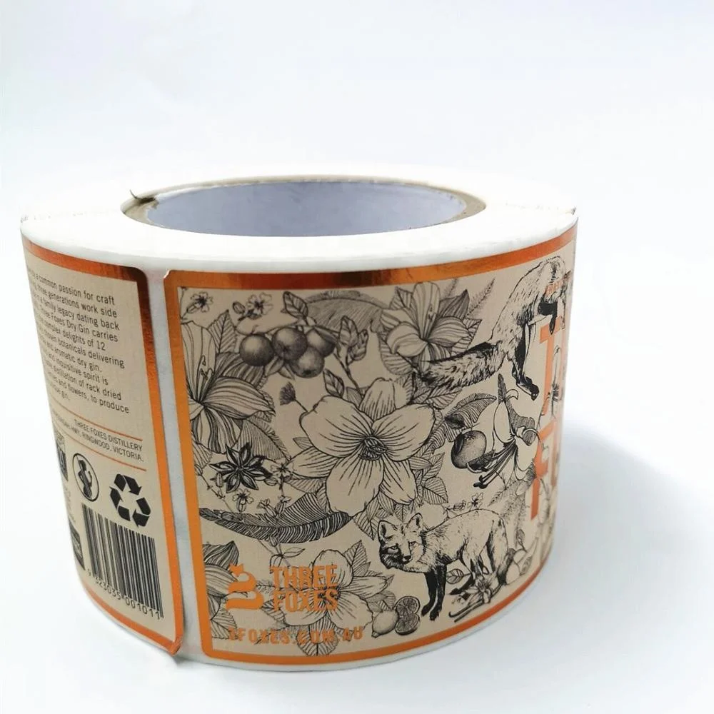 Custom Made Arancita Vodka Three Foxes Dry Gin Gold and Copper Foil and Spot UV Dark Blue Bar Code Wine Labels