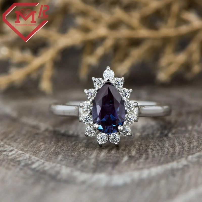Anniversary 1.2 Ct Pear Cut Alexandrite Engagement Ring Vintage Alexandrite Ring Hidden Halo Rings