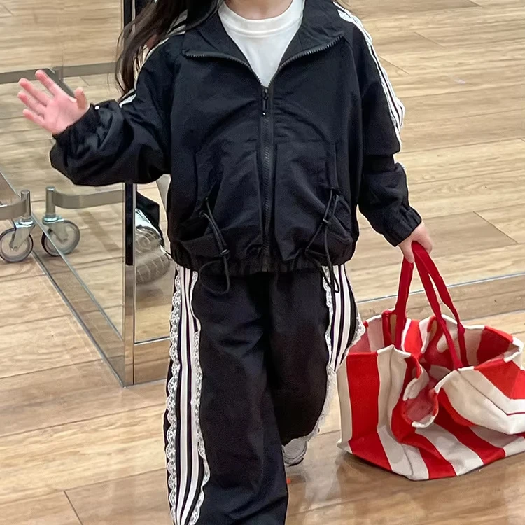 2024 New Fashion Toddler Children Girl Fall Clothing Set  Black Jacket + Joggers White Side Striped Sweatsuit Set 2-8 Years