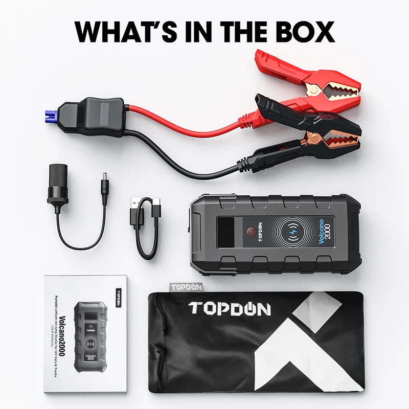  TOPDON Volcano 2000A Peak Portable automotive car jump starter booster battery tool for a flat 12V