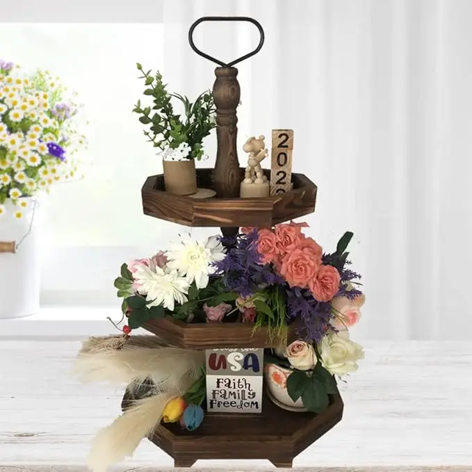 3-Layer 27 x 15 Inch Wood Country Farmhouse Decorative Tray Autumn Kitchen Cupcake Dessert Rack Desktop Table Black Home Decor