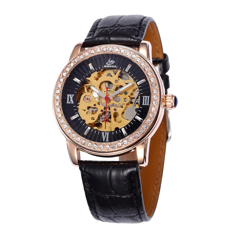 Multi-color Luxury Shenhua crystal leather strap ladies watches automatic mechanical wrist watch stainless steel