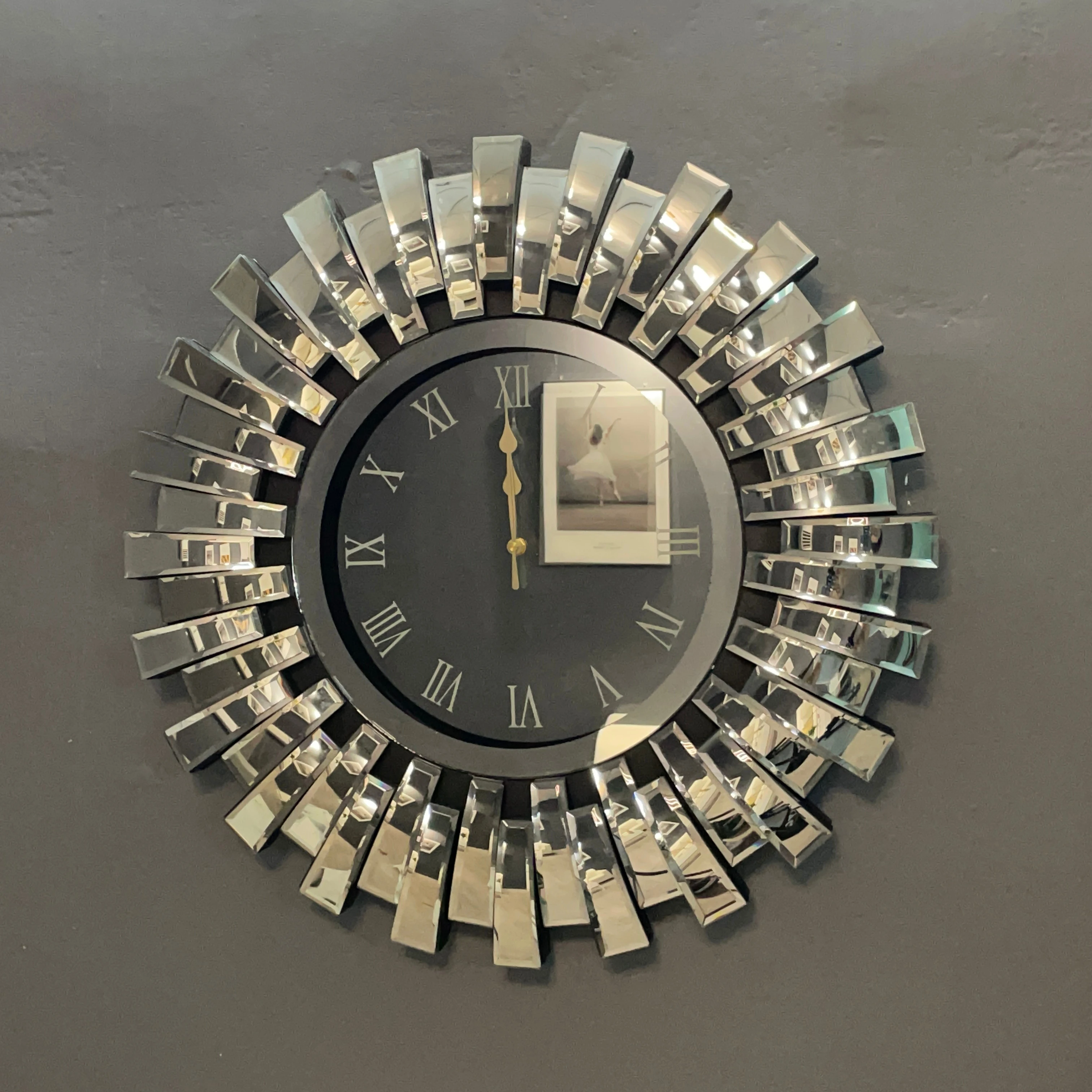 Amazon hot selling Living room square crystal border silver /black /smoked grey wall mirror clock decorative