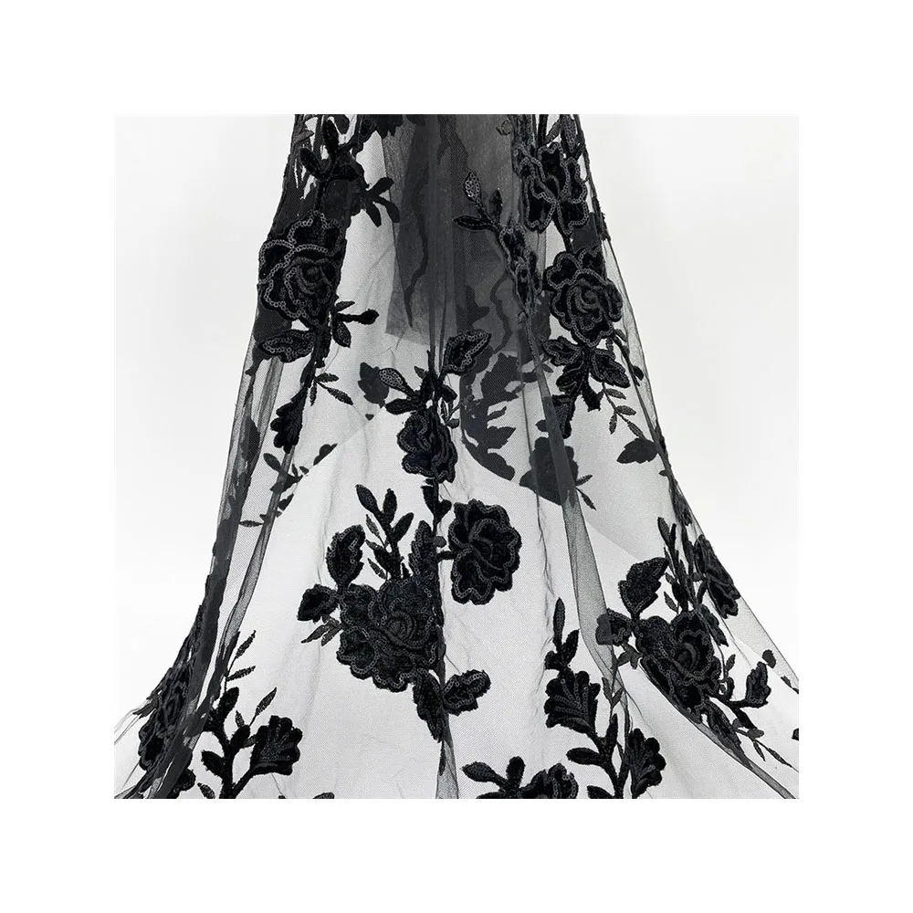 Professional manufacturer sequins Lace 2021 Mesh 3D Embroidered Applique Flower Embroidery Tulle Fabric