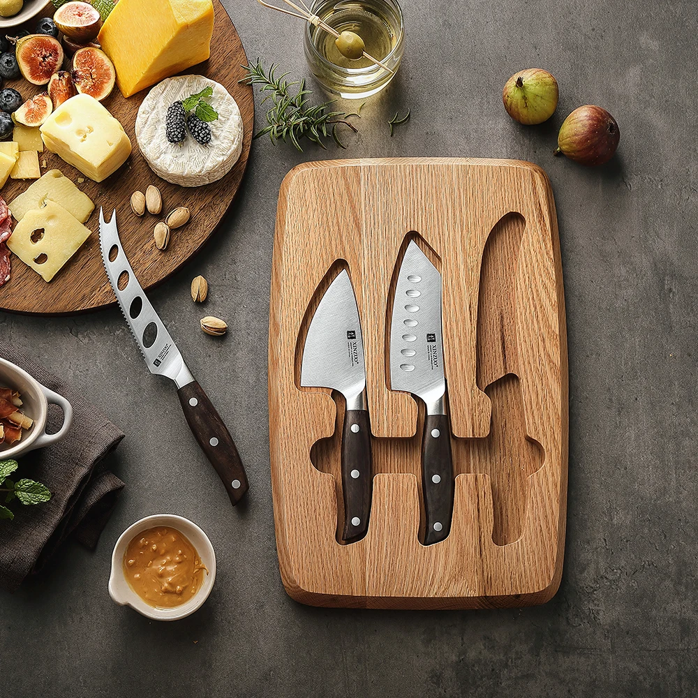 XINZUO New Design Cheese Board Knife Set High quality German Stainless Steel Oak Wood Block Wooden Tray Kit Gifts