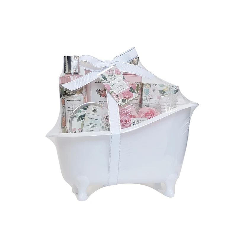 Hot selling bath supplies natural romantic spa set gift plastic modern fashion bucket bath gift set for women