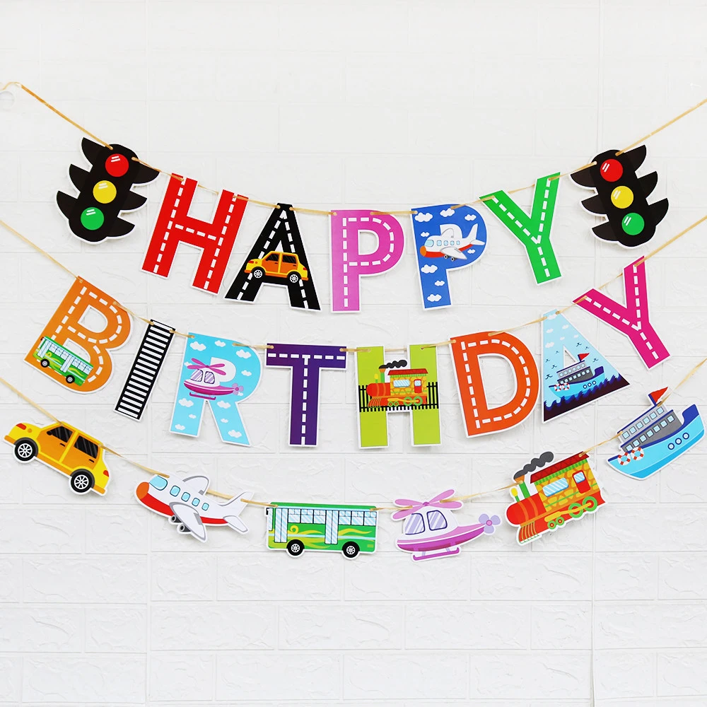 
Airplane Car Excavator Ship Transporter Theme Letter Happy Birthday Banner Flag Children Favor Party Flag Supplies 