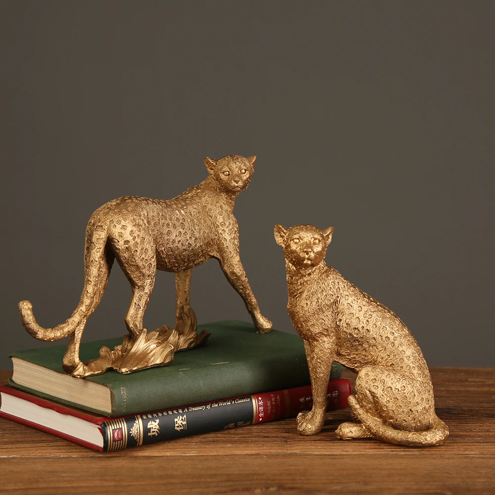 Statue Figurine Sculpture Home Office Table Desktop Decor Ornaments leopard gold Golden Cheetah Handmade Decorative ornaments