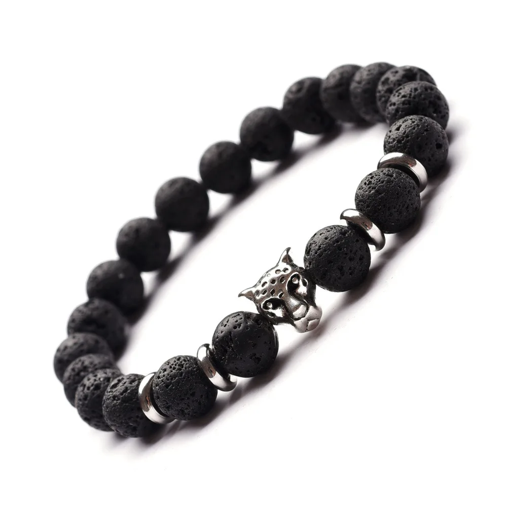 Mens LavaRock Bead Bracelets Set Silver Owl Lion Leopard Spiderman Alloy for women men  Natural Stone Bracelet, 8MM