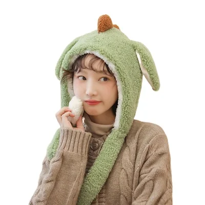 New Tik Tok Dinosaur Bunny Ear with Air Pump Moving Plush Winter Earflap Warm Hats