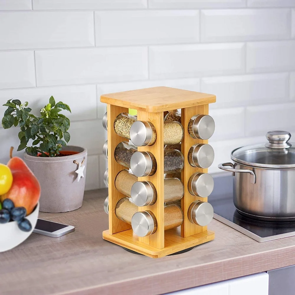 Kitchen Counter Top 360 Degree Rotating Bamboo Spice Storage Rack Stand Herb & Spice Tools for 16 Jars for Salt Storage