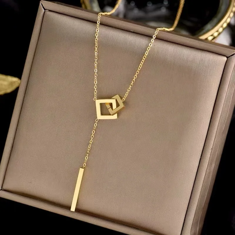 Square Interlocking Necklace Women Minimalist Pendant Titanium Steel Lock Bone Chain Hollow Long Bar Square Tassel Jewelry