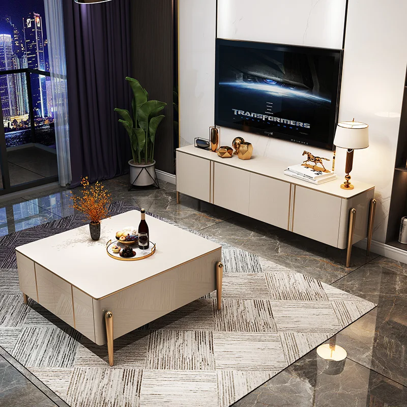 Luxury Customised ssquare champagne gold coffee table glossy baking paint center tea table wooden marble glass 4 door side table
