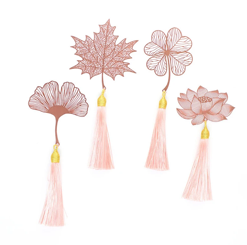 Hot Selling With Chain Unique Leaf Flower Plant Gifts Bookmark Golden Hollow Bookmark For Book Metal Plant Bookmark