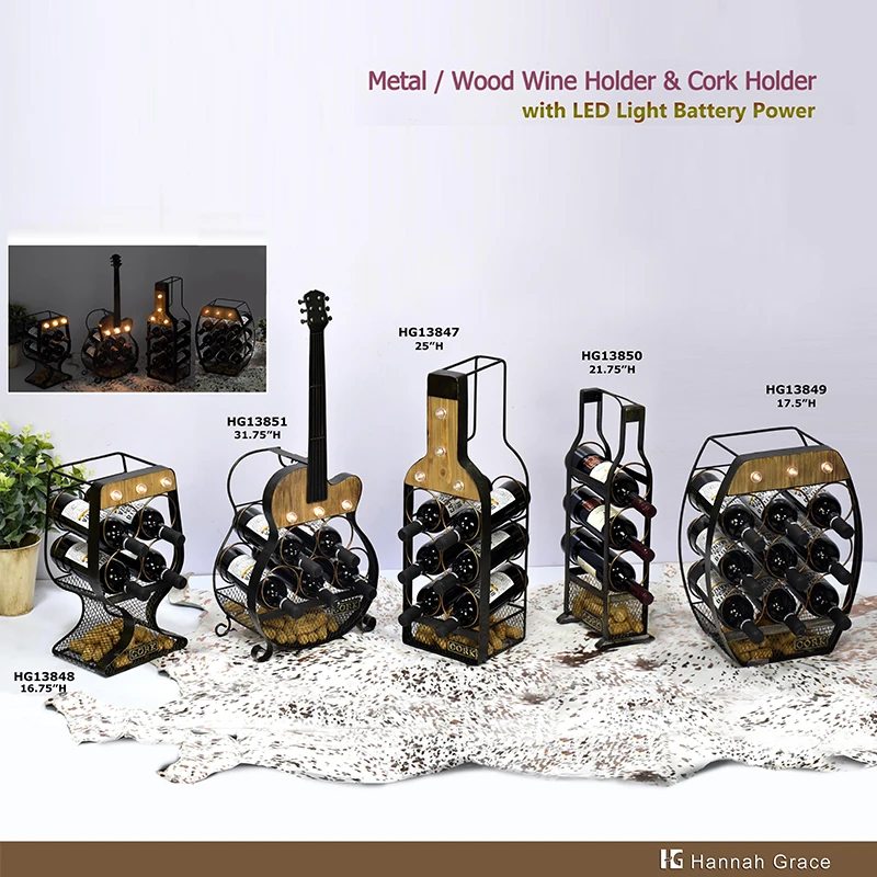 wholesale Metal/Wood  LED Guitar Free standing 5 Bottles Wine bottle Holder For Home Kitchen Countertop