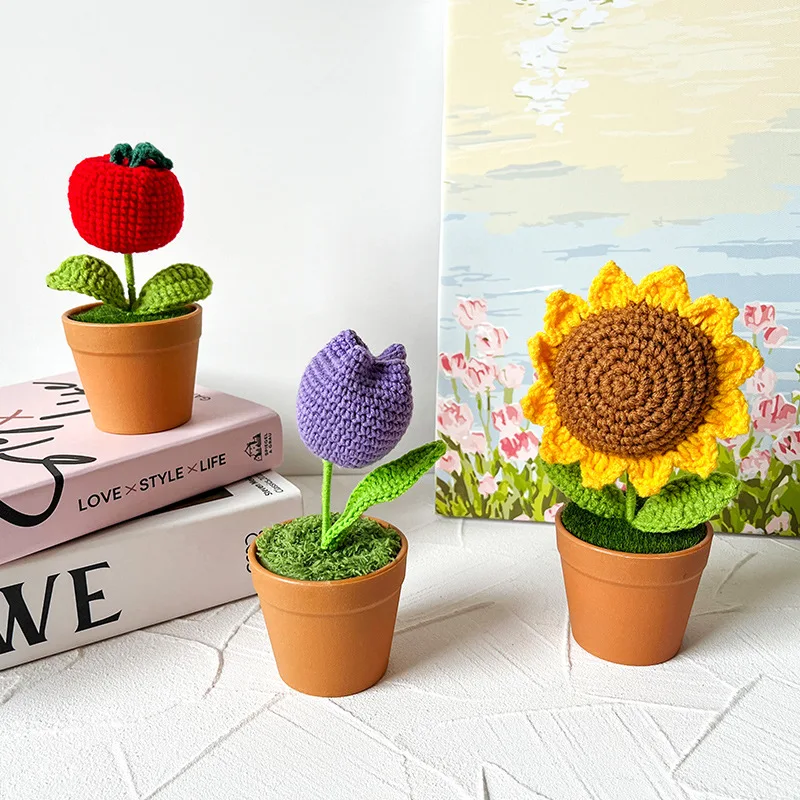 Hand-Knitted Sunflower, Tulip, Rose, Delicate Small Artificial Crochet Flower Knitted Flower Pot For Girl Gift Girl Room Decor