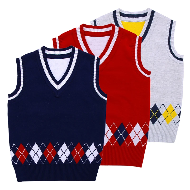 ODM OEM индивидуальная Детская школьная форма, вязаный винтажный свитер без рукавов с V-образным вырезом, жилет с рисунком ромбиками от китайского завода