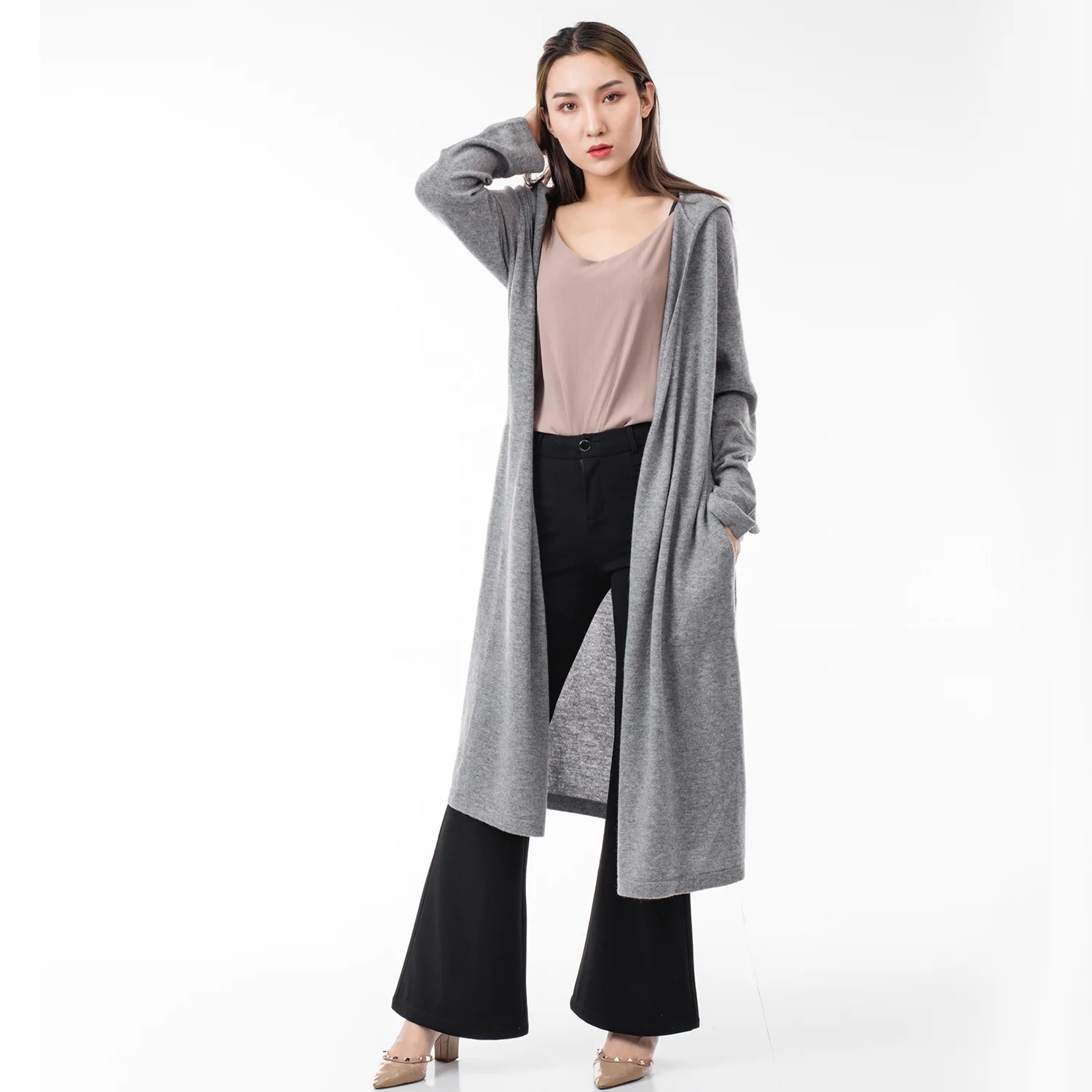 High Quality Women Cashmere Long Hooded Cardigan With Pockets pure color simple ladies cashmere wool cardigan