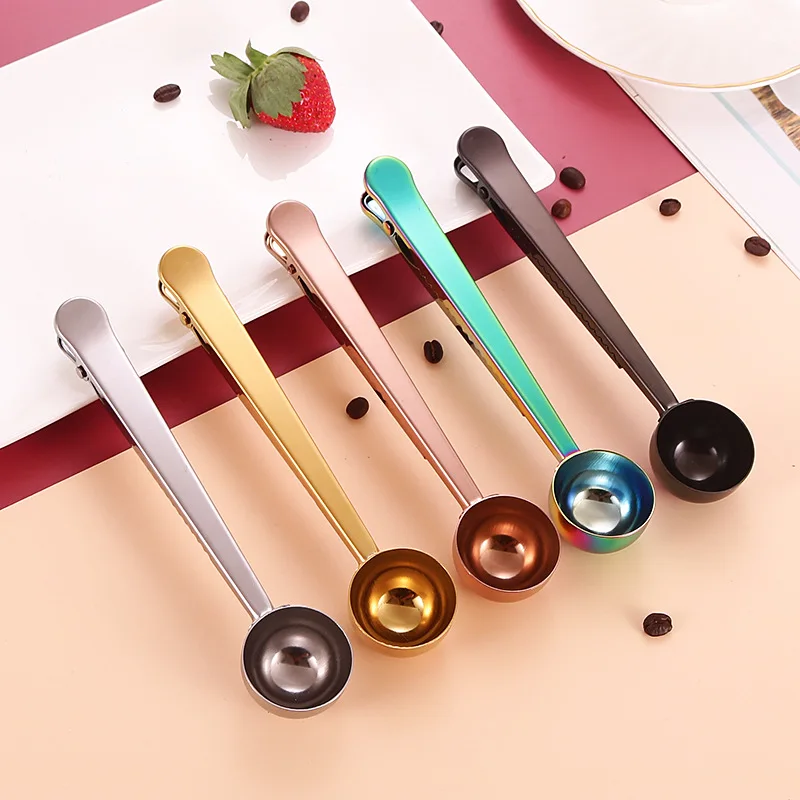 Two-in-one Stainless Steel Coffee Spoon Sealing Clip Kitchen Accessories Recipient Cafe Expresso Cucharilla Sealed Clips