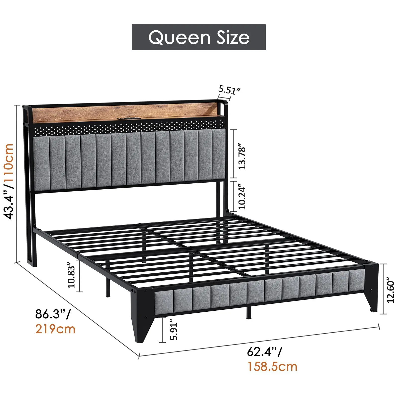 Metallic Double Twin Queen Size Bed Frame with Wood Fabric Headboard and Metal Footboard for Adult