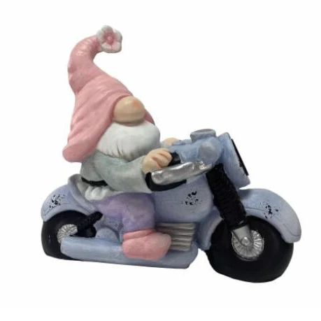 Cool  Resin  Motorcycle Garden Gnome With Pink Hat Biker Gnome Lawn Statue Decor
