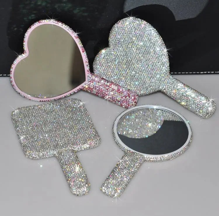 Bling  Bling Diamond Rhinestone Makeup Mirror Heart Luxury Shiny Diamond Cosmetic Mirror Princess Handheld Mirror