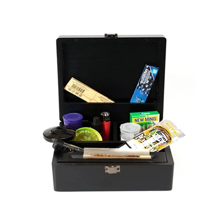 Custom OEM smoking accessory black smell proof rolling tray wooden bamboo stash box with metal grinders