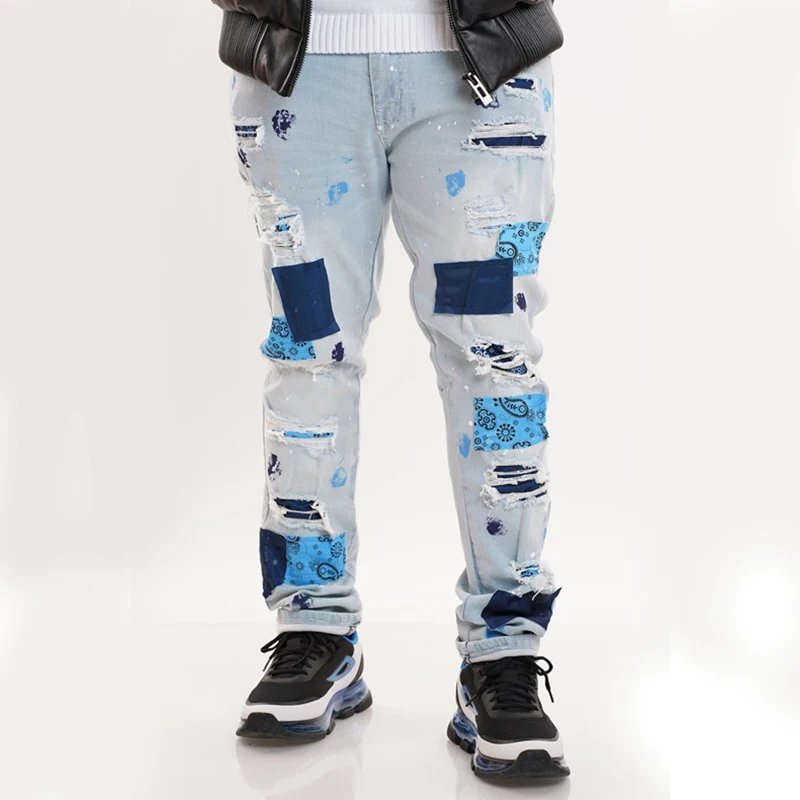 DiZNEW Fashion Patch Wathet Blue Patchwork Jeans For Men Applique Wholesale Jeans Beautiful Custom Men Jeans Straight Brand