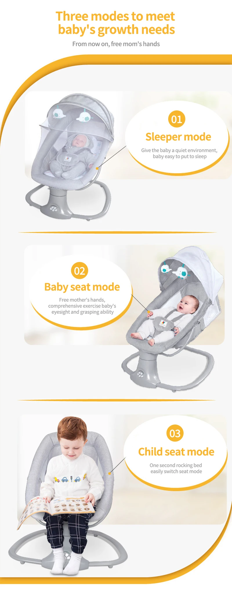 2023 New Style Free Hands Elec Baby Swing 3 in 1 Control Speed Baby Bouncer Seat Adjusted Electric Rocking Chair