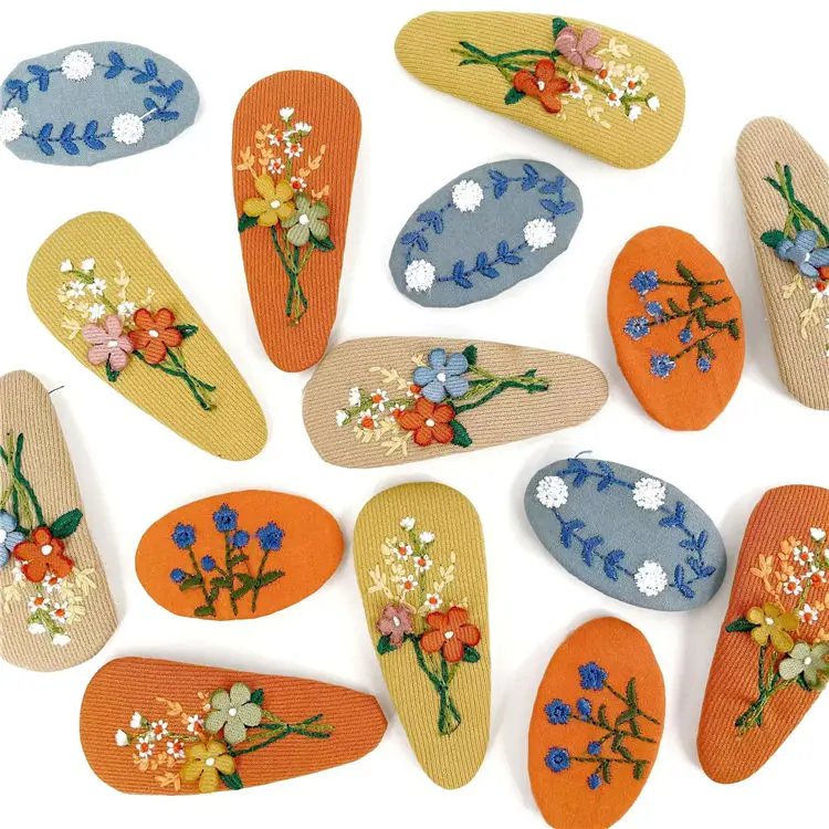 2pcs/Set Korean Spring Collection Linen Embroidery Hair Pin for Baby Girls Retro Fancy Floral Fabric BB Snap Clips