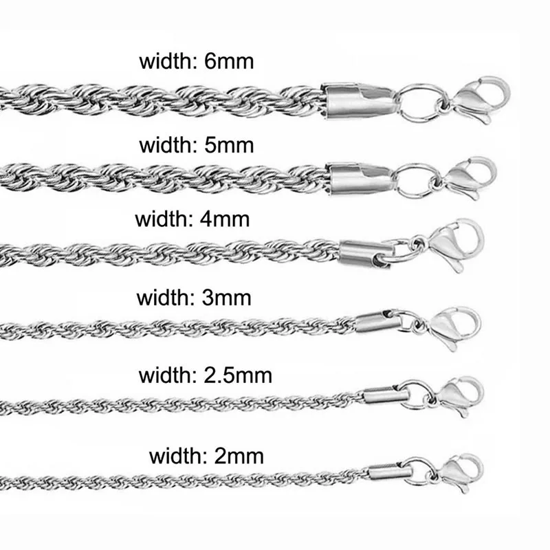 Silver Plated Rope Chain 1.5mm 2.5mm 3mm 4mm 5mm Stainless Steel Twist Chain Necklace for Men Women 18 Inches