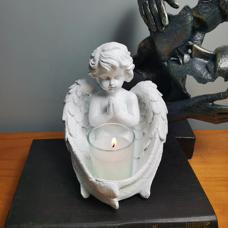 Nordic Style Statue Resin Cute Praying Resin Christmas Angel Tealight Candle Holder for Home Decoration