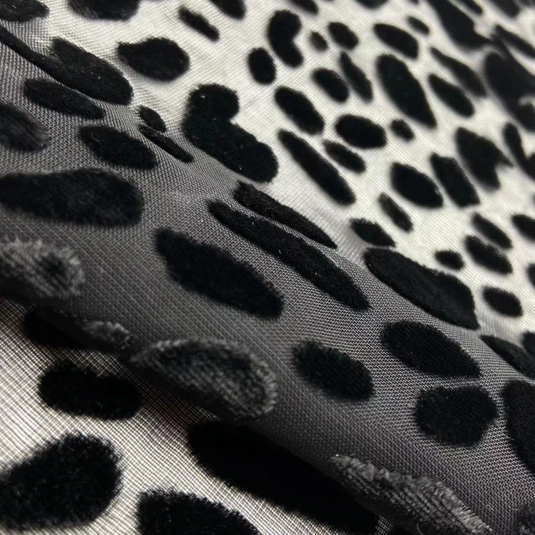 See through burn out 80% rayon 20%nylon knitted black leopard pattern velvet mesh burnout fabric