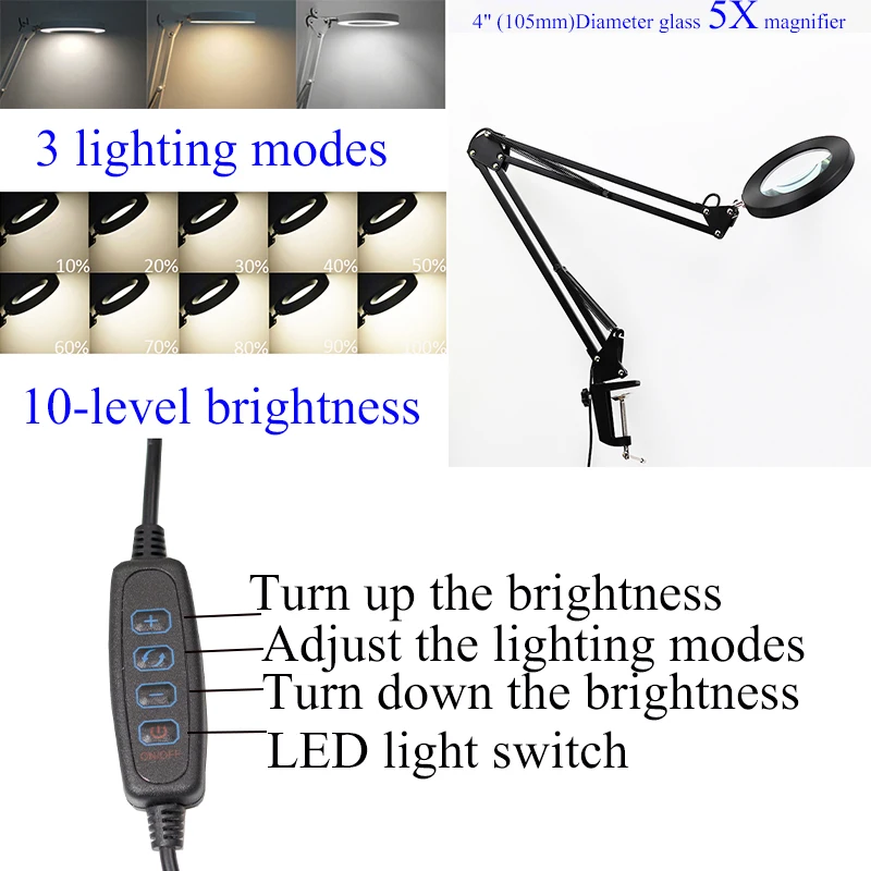 72 LED 10X NEW Illuminated Magnifier USB 3 Colors LED Magnifying Glass for Soldering Iron Repair/Table Lamp/Skincare Beauty Tool