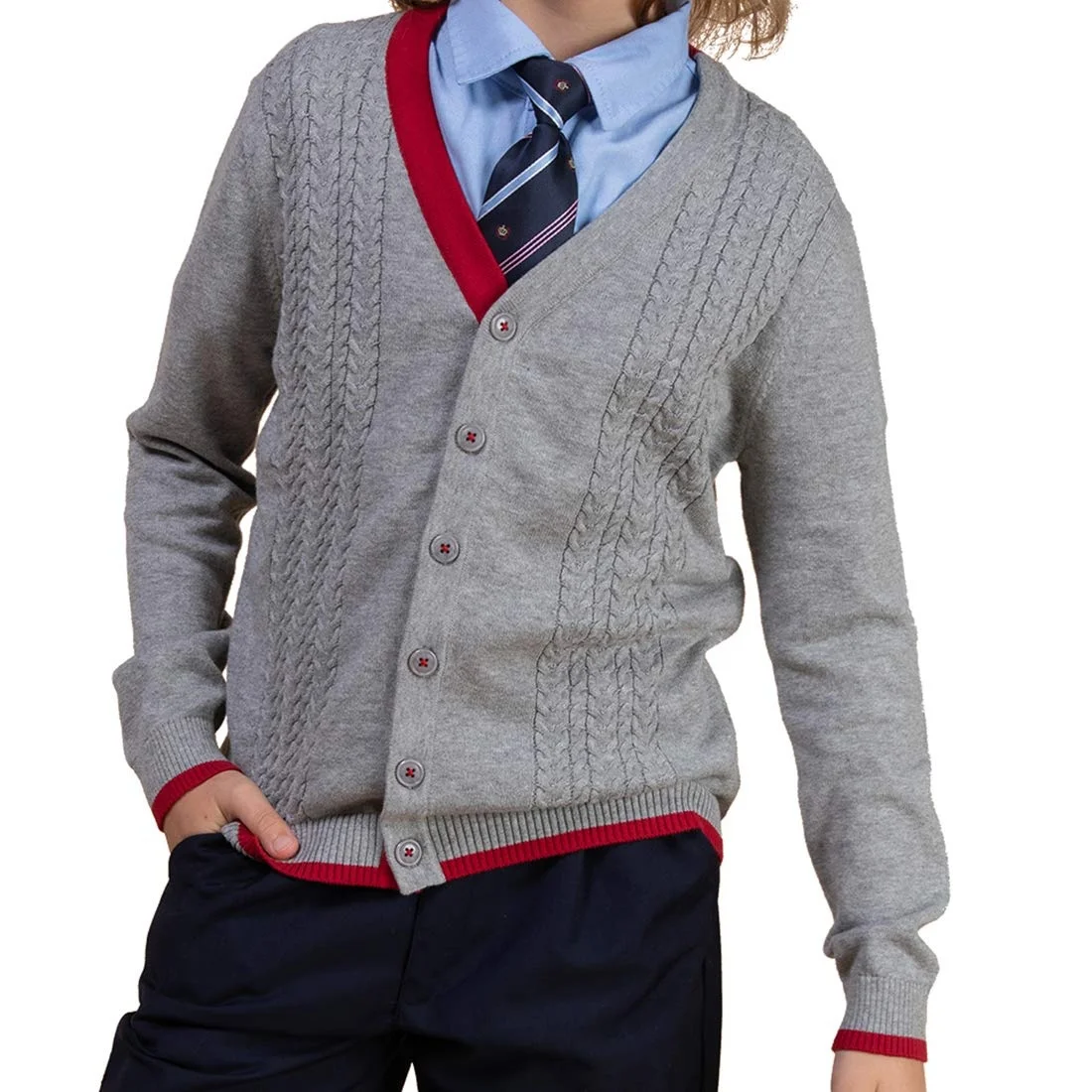 Wholesale 100% Cotton Amazon Hot Sale Patchwork V Neck Uniform School Knit Kids Cardigan Sweater