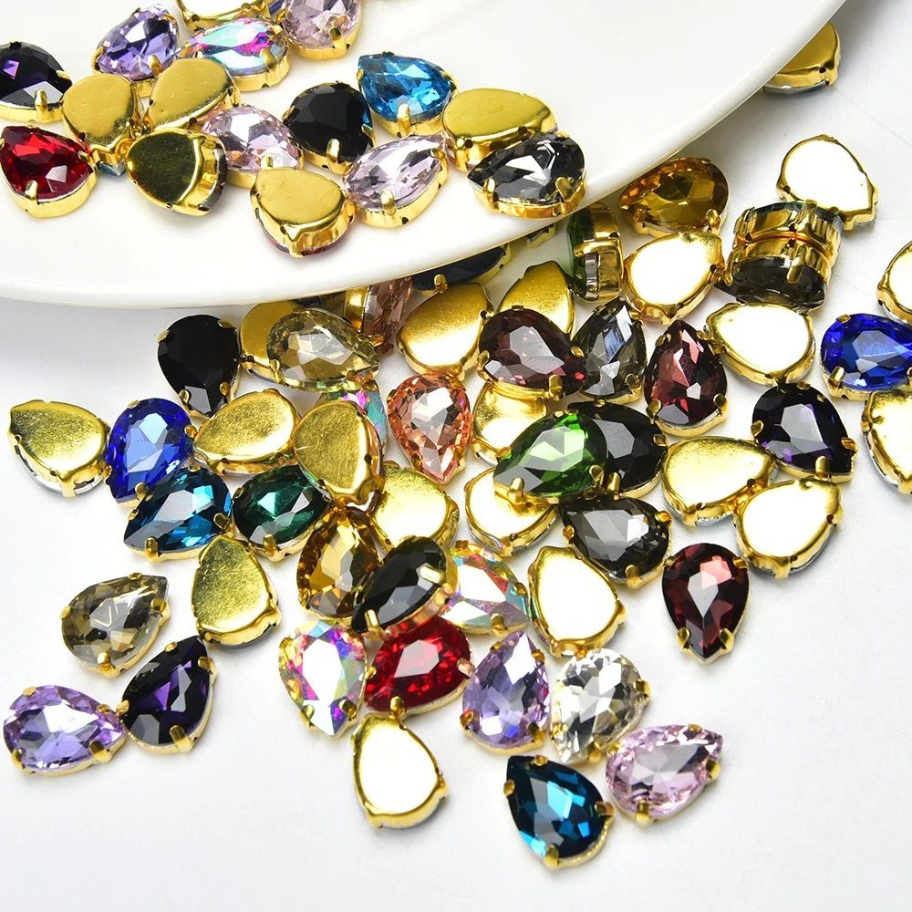 Water Drop Glass Rhinestone Gold Claw Setting Teardrop Shaped Crystal Sewing Charms Decorative Wedding Dress Jewelry Accessories